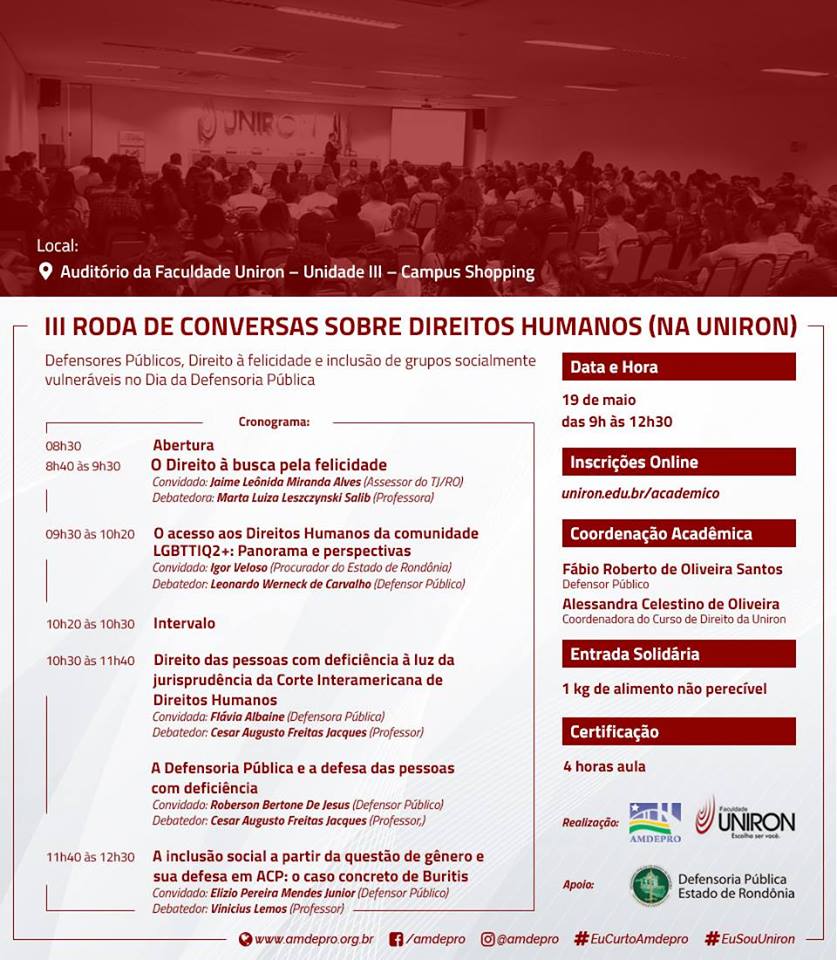 Roda de conversa sobre direitos humanos marcará o dia da Defensoria Pública, nesse sábado (19)