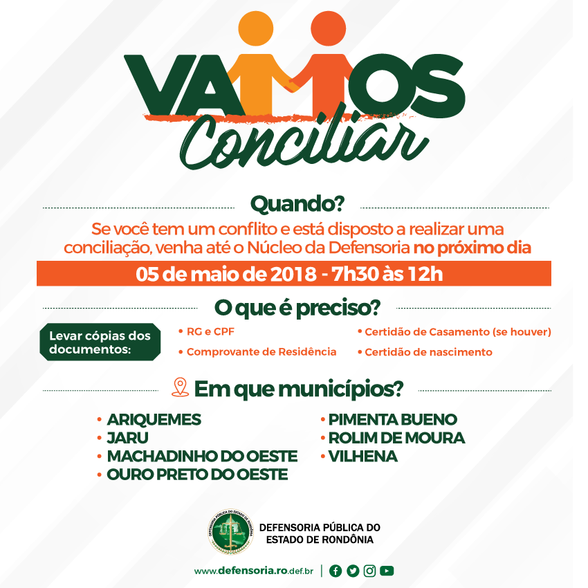 DPE-RO realiza mutirão de conciliação pelo Estado no próximo sábado, 5