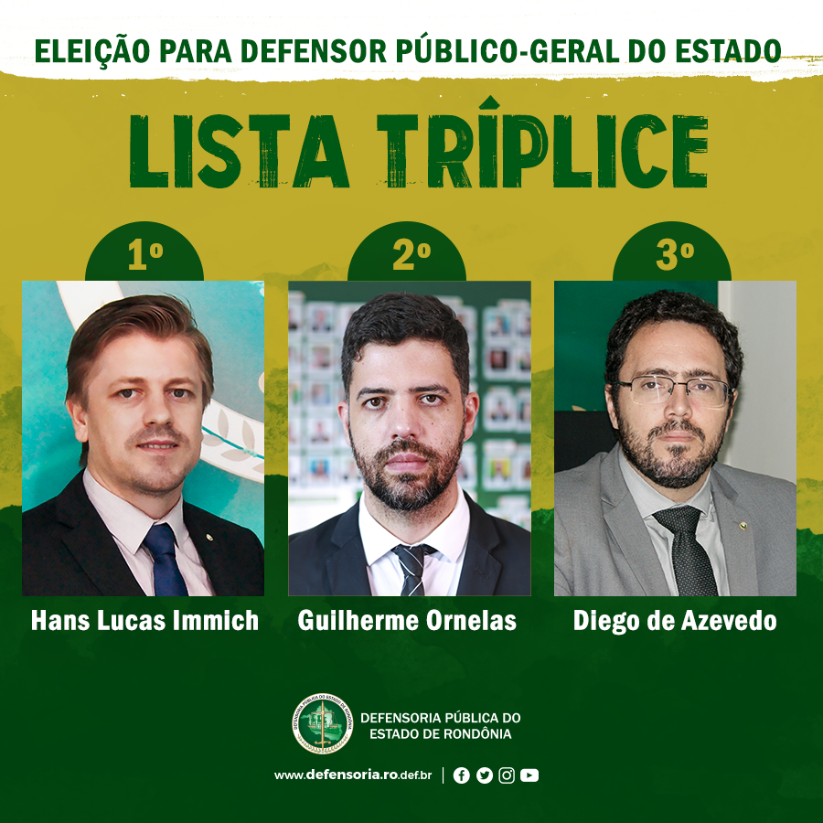 Hans Lucas, Guilherme Ornelas e Diego Simão formam lista tríplice para Defensor Público-Geral