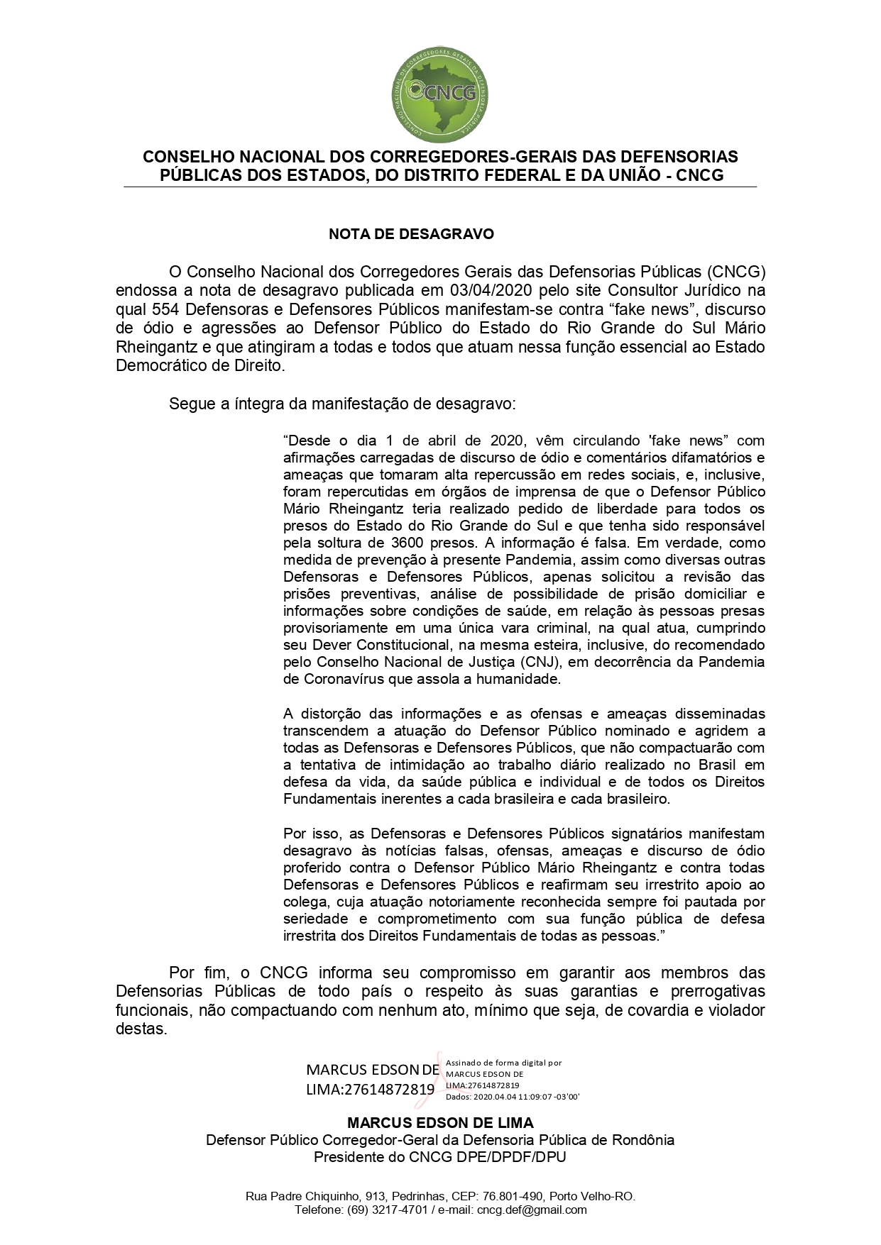 Conselho de Corregedores endossa nota de desagravo a defensor público do Rio Grande do Sul