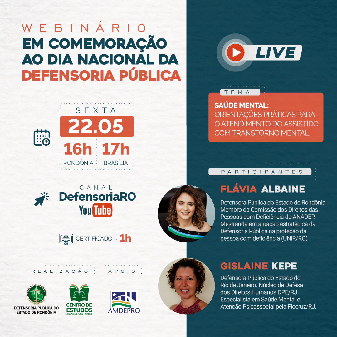 Segunda live do Webinário da DPE vai tratar de atendimento ao assistido com transtorno mental