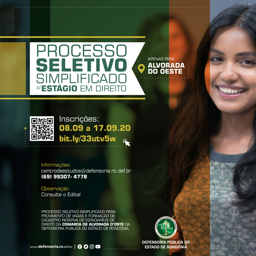 Inscrições Abertas: Alvorada do Oeste: DPE-RO realizará processo seletivo para estagiários em Direito