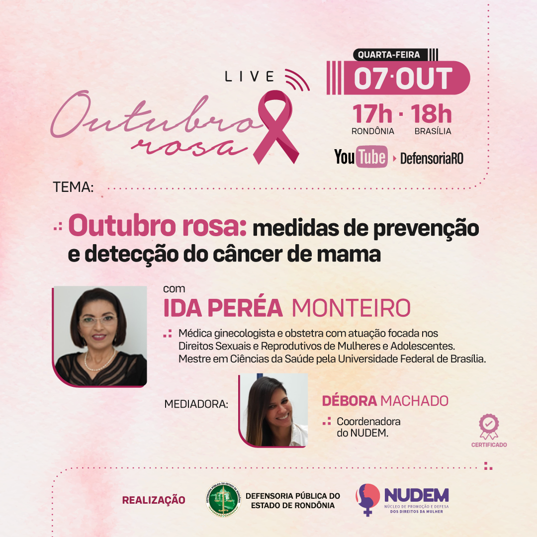 Outubro Rosa: DPE vai realizar webinário sobre medidas de prevenção e detecção do câncer de mama