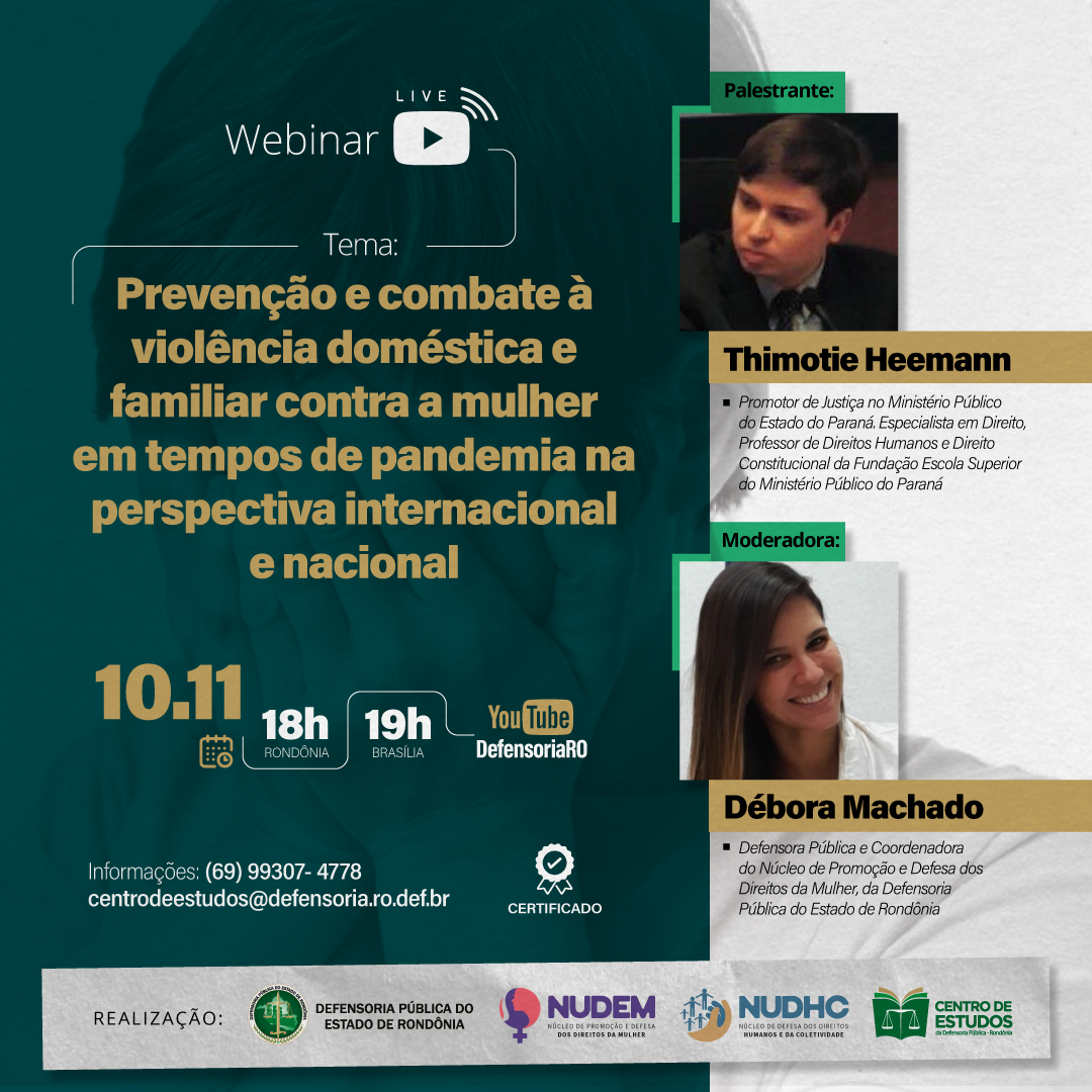 Defensoria Pública realizará webinário sobre a prevenção e combate à violência contra a mulher