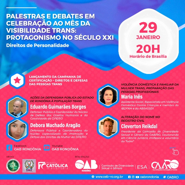 Com apoio da Defensoria Pública, OAB-RO realiza palestras em celebração do mês da Visibilidade Trans