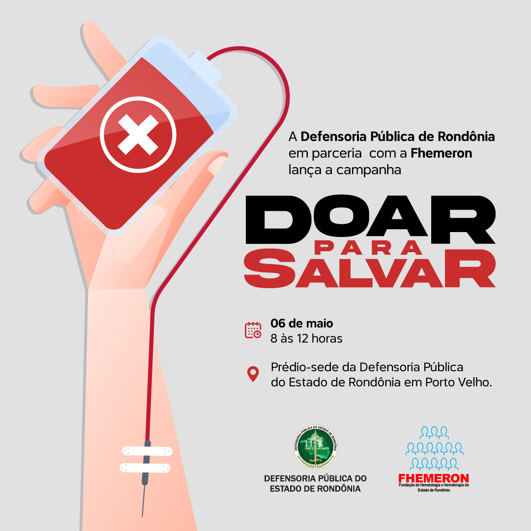 Defensoria realizará ação para doação de Sangue em parceria com a Fhemeron