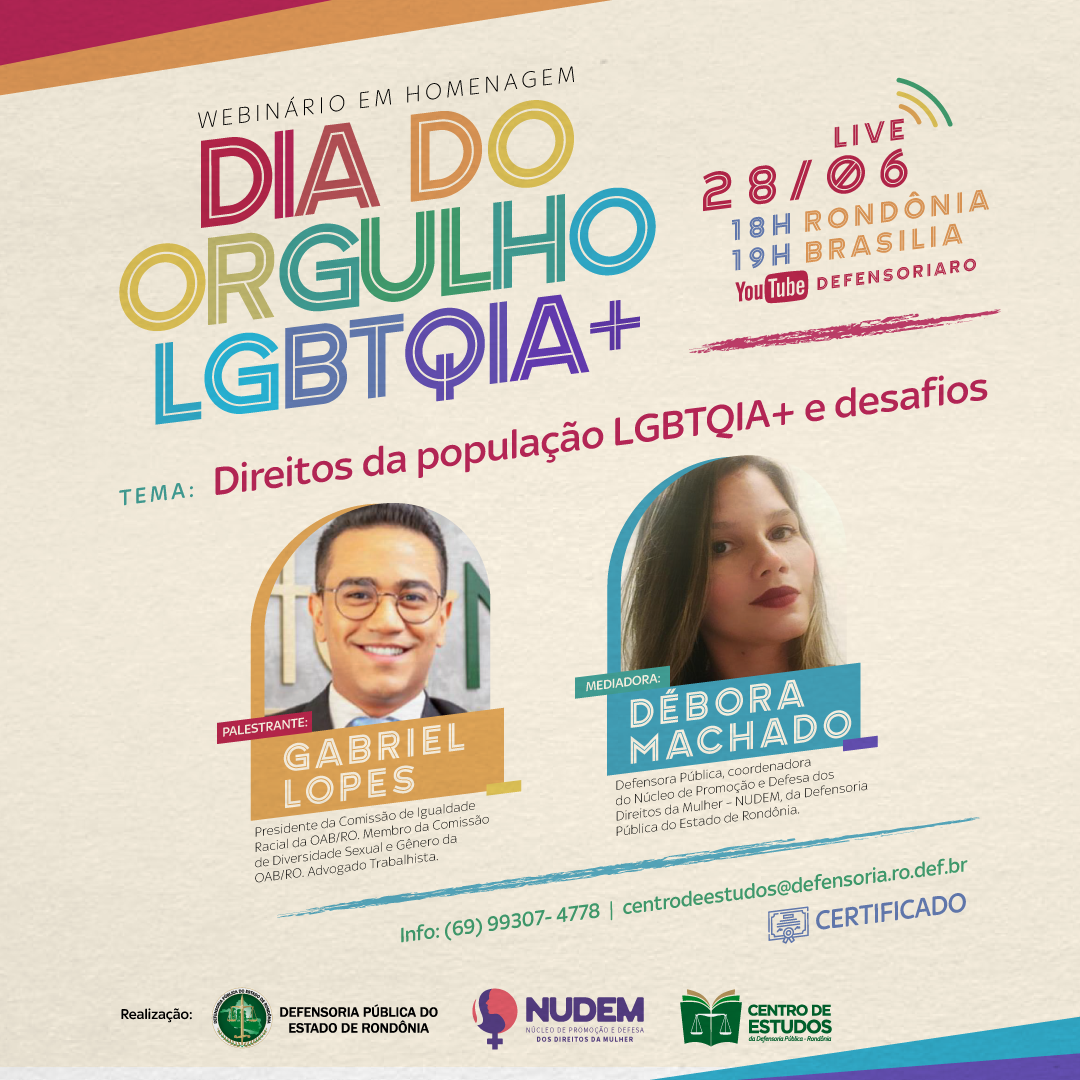 Nudem e Centro de Estudos da DPE-RO realizarão Webinário em homenagem ao Dia do Orgulho LGBTQIA+