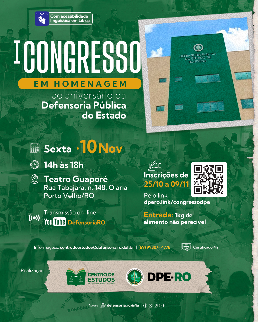 1º Congresso de Aniversário da DPE-RO acontece no próximo dia 10 de novembro